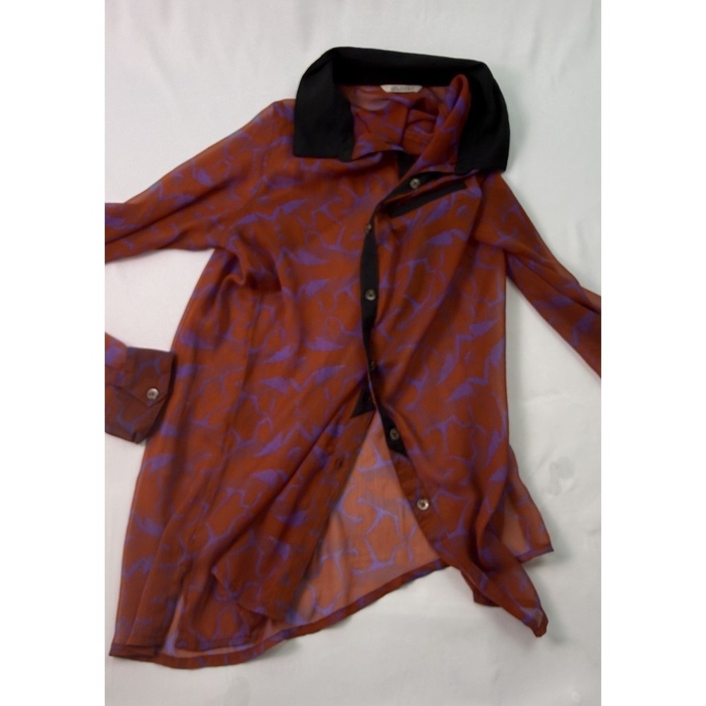 Volcom‎ Sheer Button Front Blouse Orange Purple Abstract Print Lightweight Shirt - Picture 2 of 13
